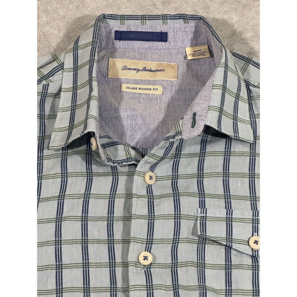 Tommy‎ Bahama Shirt Mens Medium  Button Up Shirt Green Linen Blend Casual Check